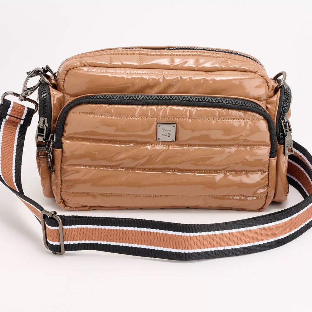 Glossy Quilted Crossbody Bag with Striped Strap in Camel